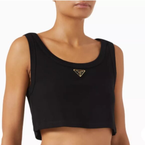 Prada Women's Black Ribbed Jersey Crop TOP - Picture 2 of 11